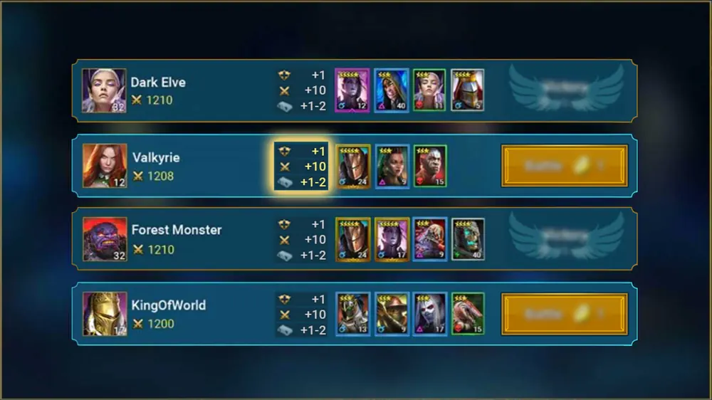 The Classic Arena opponent list in RAID: Shadow Legends