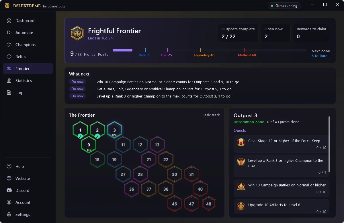 The Frontier page in RSLExtreme: Points against each Zone, the map of Outposts, and live Quest counters